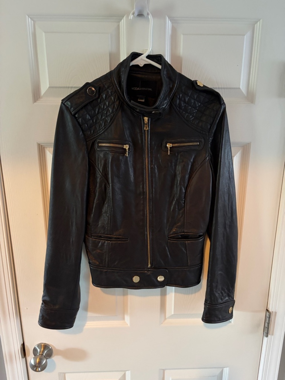 Moda International Black Quilted Shoulder Leather Jacket